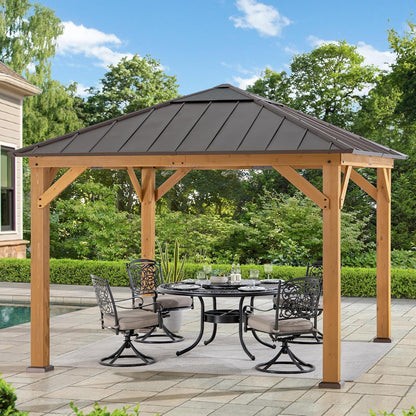 Hardtop Gazebo 11 X 11 Ft. Cedar Framed Wood Gazebo with Brown Steel and Polycarbonate Hip Roof Hardtop for Garden, Backyard Shade