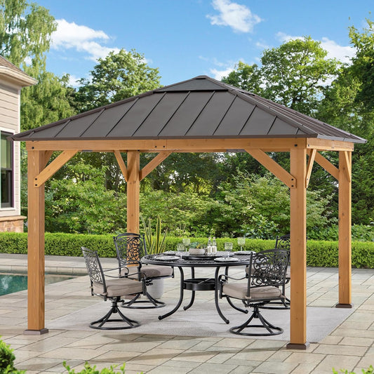Hardtop Gazebo 11 X 11 Ft. Cedar Framed Wood Gazebo with Brown Steel and Polycarbonate Hip Roof Hardtop for Garden, Backyard Shade