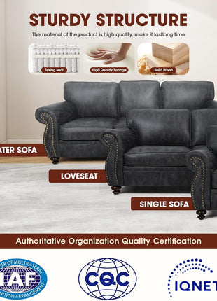 Mid-Century Vintage Living Room Furniture Set, Including Sofa, Loveseat, and 3-Seater Couch with Rivet Design in Grey
