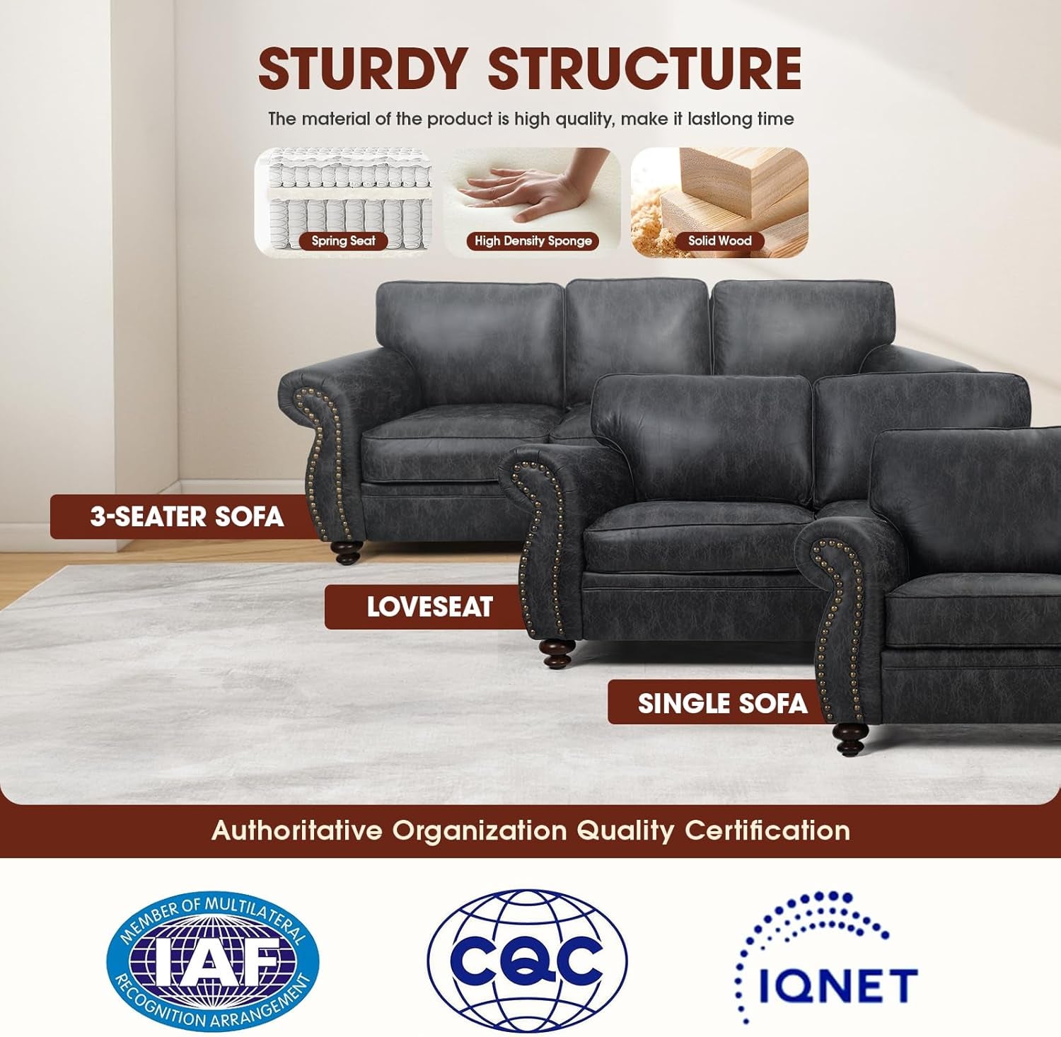 Living Room Furniture Sets,Sofa Sets and Couch Sets for Living Room,Mid-Century Vintage Sofa Couches with Rivet Design (Grey, Loveseat+3 Seater)