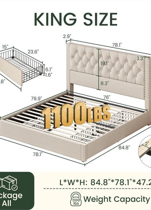 King Size Upholstered Platform Bed Frame with Tufted Headboard and 4 Storage Drawers, Heavy Duty Wood Slats, No Box Spring Required, Easy Assembly, Beige