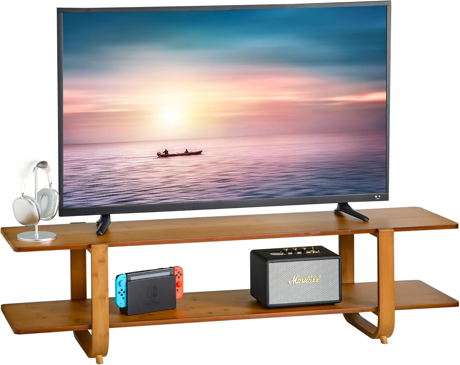 Bamboo TV Stand for Tvs up to 65", Media TV Console Table with Storage, Accent Entertainment Center with Shelf, Modern TV Stand for Living Room, Bedroom, 55"(L), Walnut