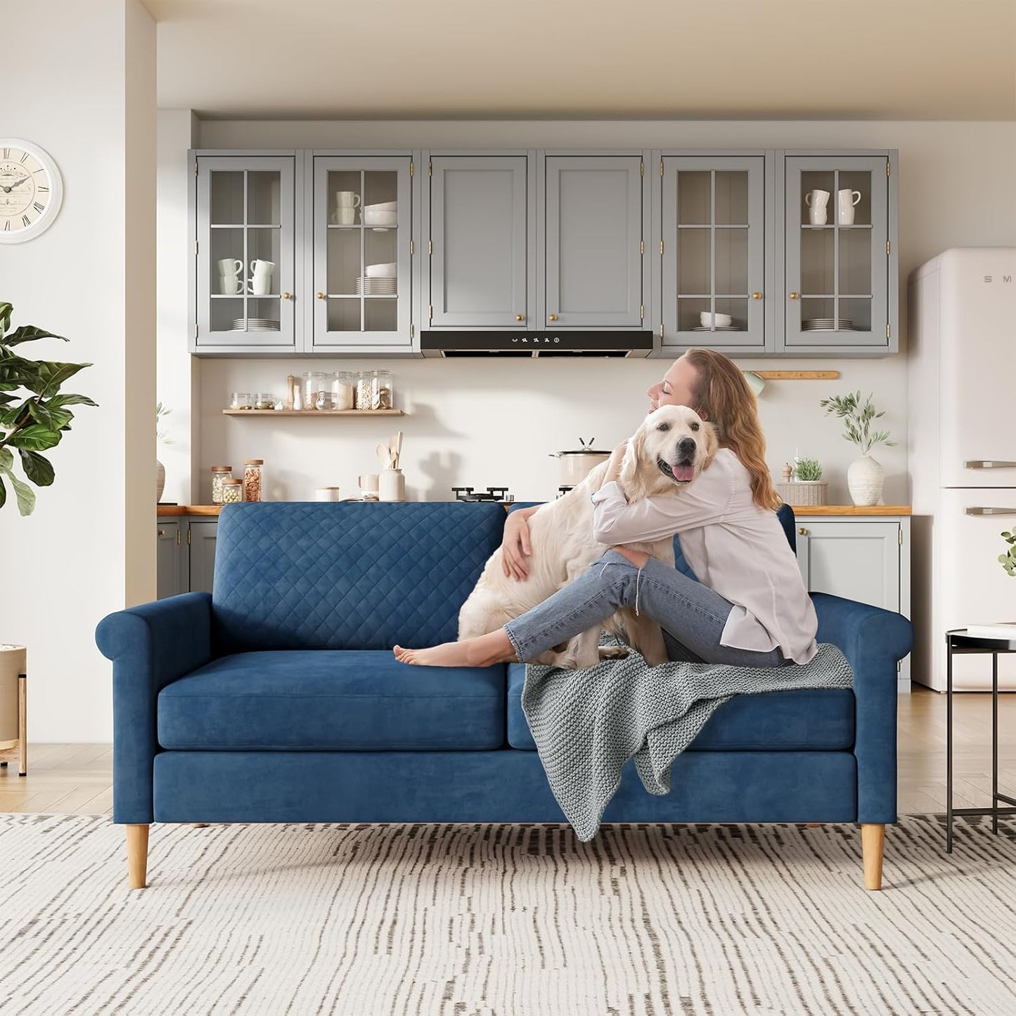 65" Blue Loveseat, Comfy Mid-Century Modern 2-Seat Sofa, No-Tool Assembly Small Couch for Living Room & Bedroom