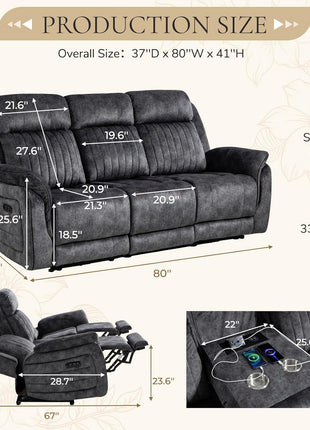 Power Reclining Sofa with Zero Gravity Feature, Adjustable Headrest, Electric Reclining Mechanism, Wireless Charging, and Outlets - Grey 3-Seater Loveseat for Living Room