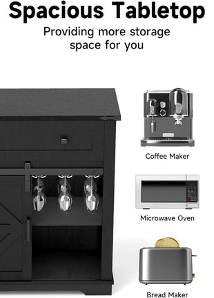 32-Inch Farmhouse Coffee Bar Cabinet with Sliding Barn Door and Drawers, Buffet Table with Storage, Kitchen Sideboard with Wine Glass Rack for Living and Dining Room, Black