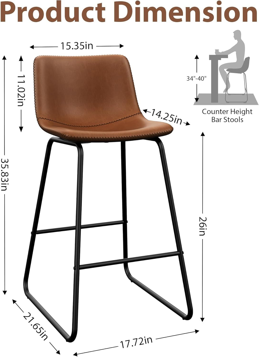 Bar Stools Set of 3, 26 Inches Counter Height Bar Stools with Back, Modern Faux Leather Barstools with Metal Legs and Footrest, Bar Chairs for Kitchens Island (Dark Brown)