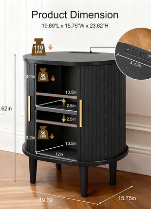 Mid-Century Modern Nightstand Set of 2 with Integrated Charging Station, Fluted Accent Side Table with Sliding Door and Adjustable Shelf, Perfect for Compact Living Room or Bedroom Spaces, Black