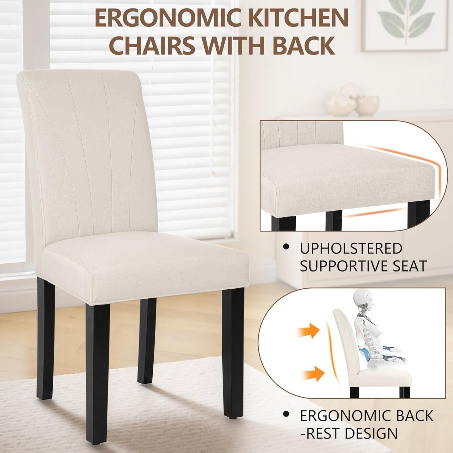 Upholstered Dining Chairs Set of 6, Modern Fabric and Solid Wood Legs & High Back, Parsons for Kitchen/Living Room- Beige