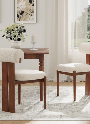 Set of 6 Contemporary Wooden Dining Chairs with Upholstered Fabric and Sculptural Backrest, Mid-Century Farmhouse Style, Solid Wood Legs, Beige