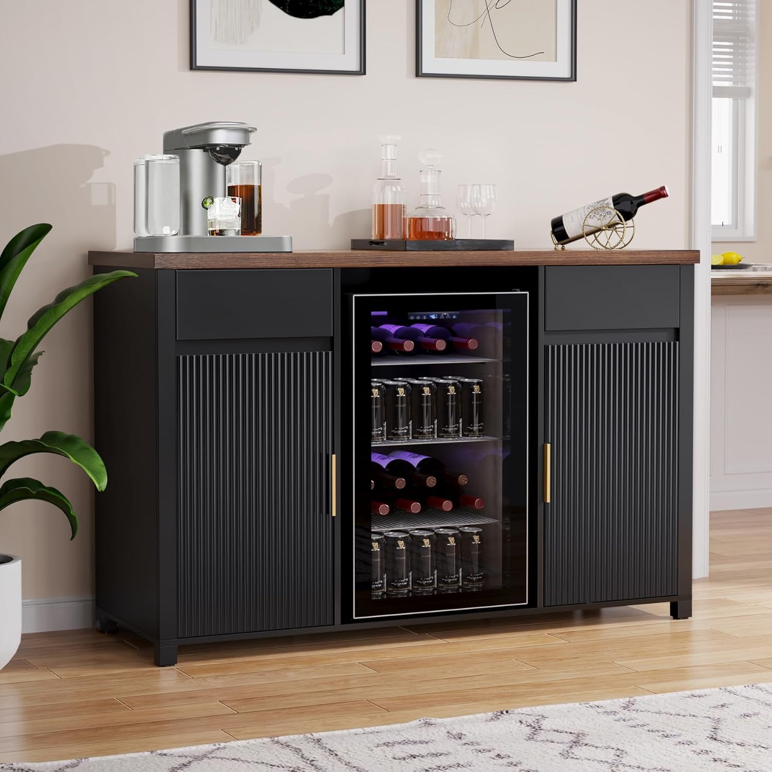 Large Coffee Bar Cabinet with Fridge Space, Mini Fridge Cabinet with Wine Storage, Buffet Sideboard Table for Home, Fluted Modern Design,53.2" L