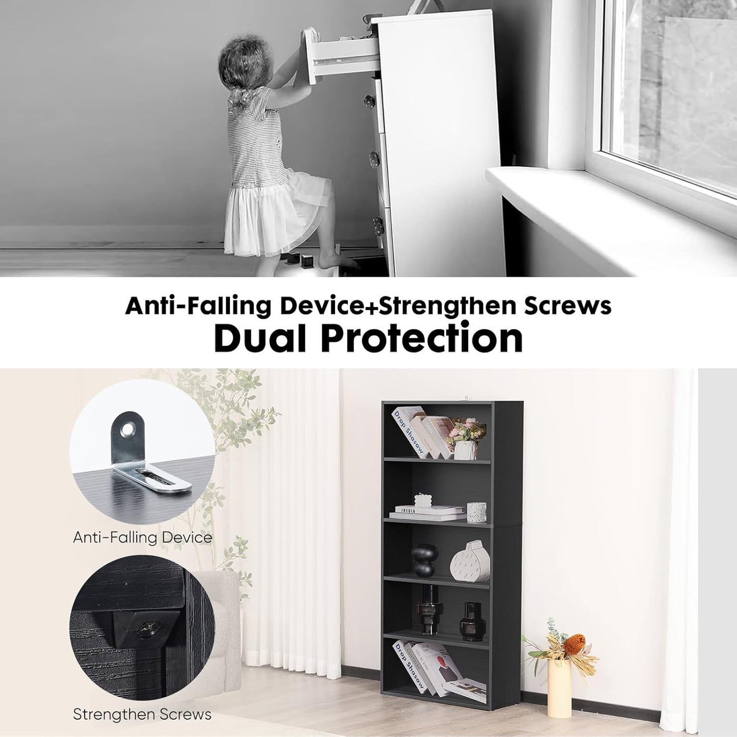 Industrial 5 Shelf Bookcase - Large 53 Inch Tall Floor Standing Open Bookshelf for Home Office, Living Room, and Bedroom Storage, Classic Black