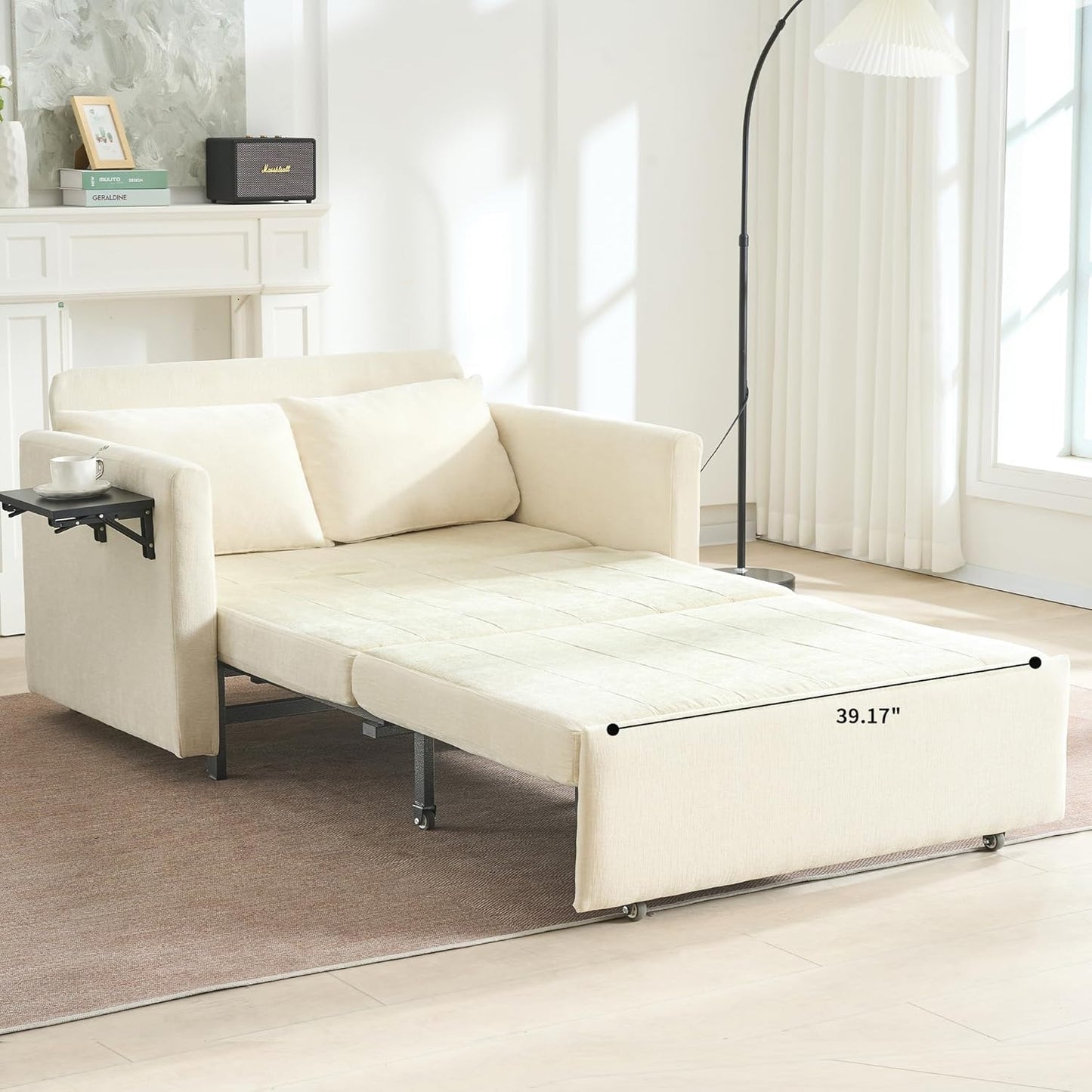 45" Oversize 3-In-1 Sleeper Chair, 75" Long Pull-Out Sleeper Sofa Bed with Wing Table and Side Pocket for Living Room, Bedroom, Small Space, Beige