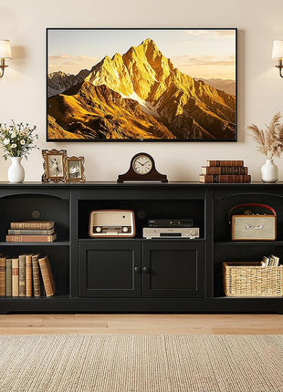 71-Inch Contemporary Farmhouse TV Stand for TVs up to 80 Inches with Arched Cabinet Doors and Adjustable Open Storage Shelves, Media Console Table for Living Room in Black