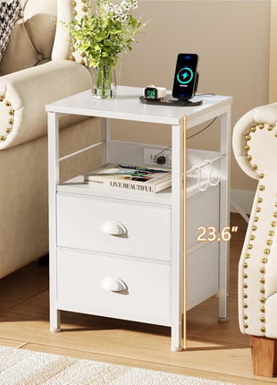 End Table with Built-in Charging Station, Fabric Drawer Nightstand, USB Port and Outlet, Storage Shelf and Hook for Living Room and Bedroom, White