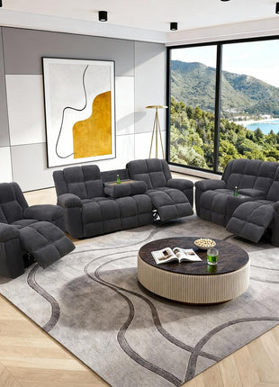 3-Piece Sectional Recliner Sofa Set with Storage and Cup Holders in Dark Grey - Corduroy Living Room Furniture for Home or Office