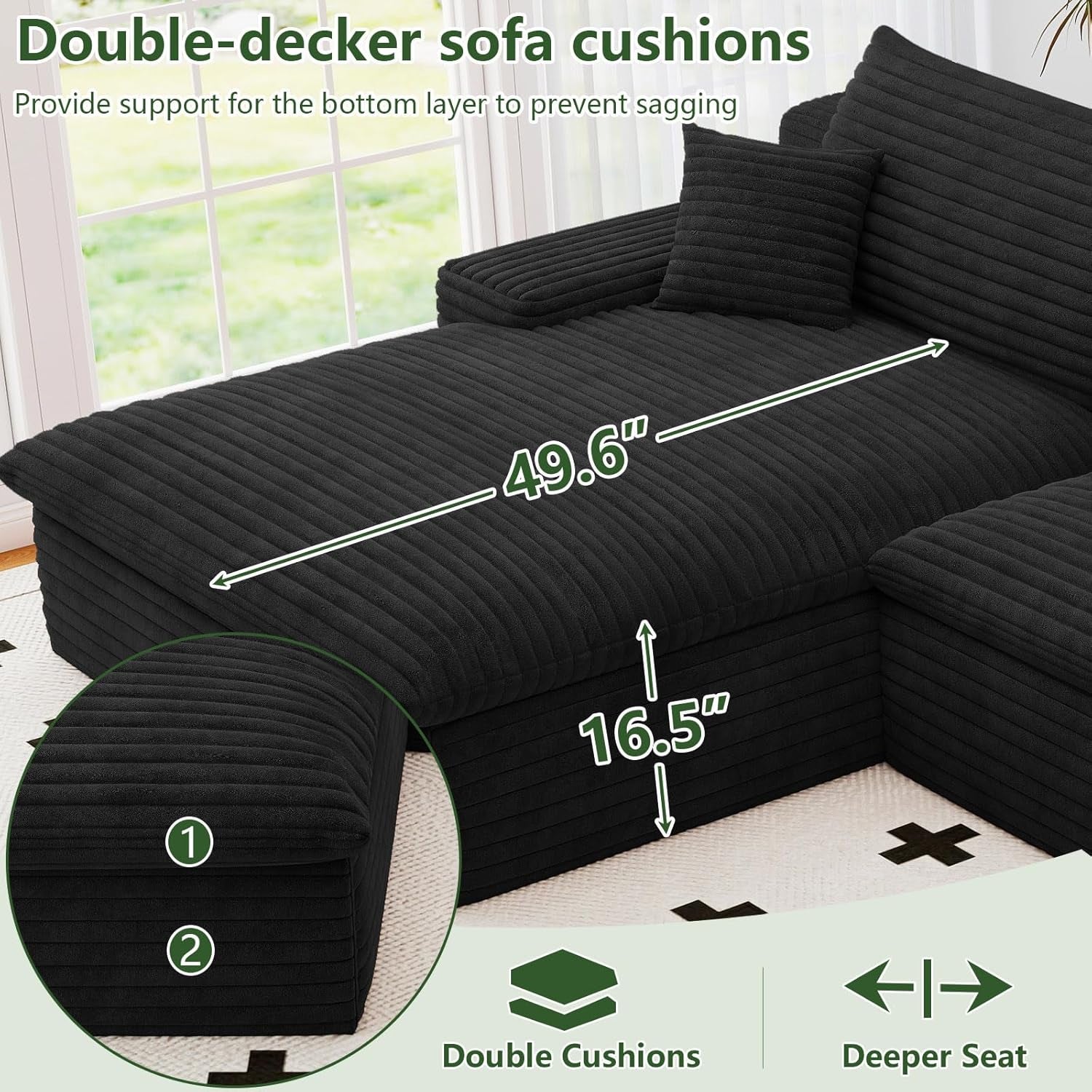 107" Cloud Couch Modular Sectional Sofa for Living Room, U-Shape Boneless Couch with Deep Seat, Modern Corduroy 3-Seater with Ottoman, No Assembly Required (Black,Left-Facing Chaise)