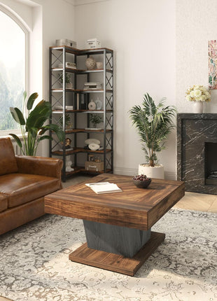 Contemporary Square Coffee Table with Wooden Center, 31.5" Rustic Brown and Black Accent Table for Living Room