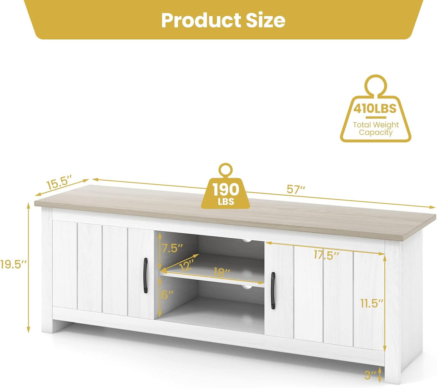 2 Doors TV Stand for Tvs up to 65”, 57” Media Console Table W/ 2 Cabinets & Open Shelves, 2 Cable Management Holes. Wood Entertainment Center Cabinet for Living Room (White Oak)