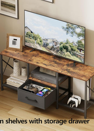 Industrial TV Stand with Fabric Drawer - Rustic Brown Entertainment Center for 50-55 Inch TVs with Open Storage Shelves for Living Room and Bedroom