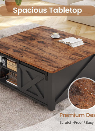 31.5" Lift-Top Coffee Table with Storage Solutions, Square Farmhouse Design with Spacious Hidden Compartment and Adjustable Shelves, Black Finish