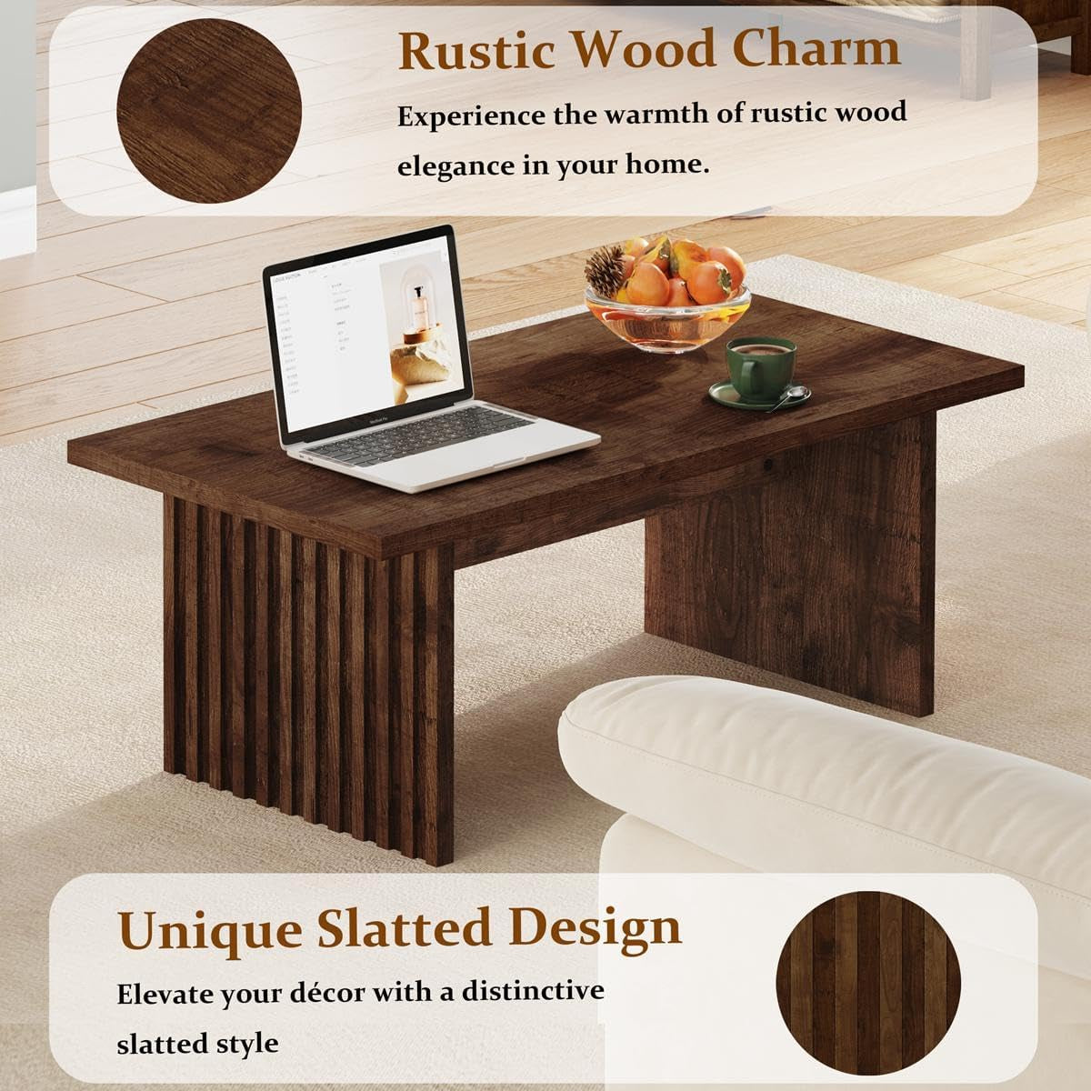 Coffee Table for Living Room, Farmhouse Wood Center Table, Rectangle Mid-Century Living Room Tables, Unique Fluted Panel Coffee Tables (Rustic Oak, 43Inch)