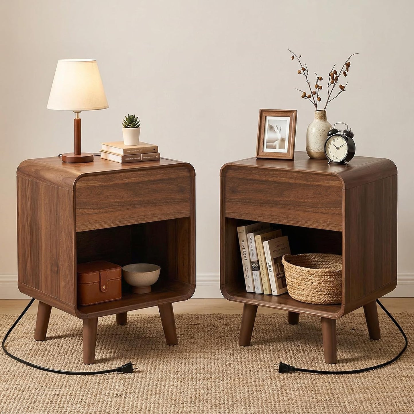 6 Drawer Dresser and Nightstand Sets with Charging Station, Wood Mid-Century Modern Dresser and Nightstand 3 Pieces for Bedroom, Living Room, Walnut