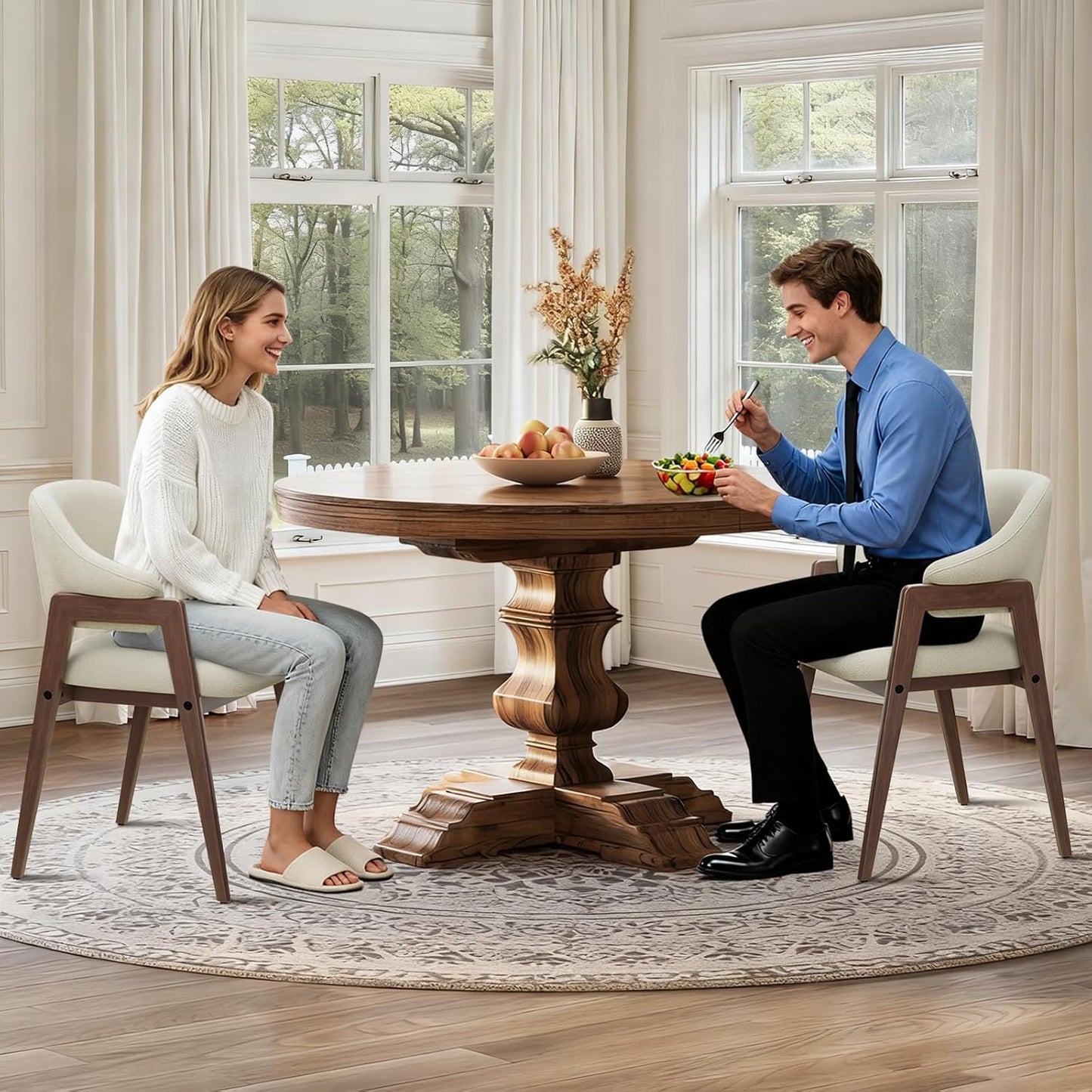 Wooden Dining Chairs Set of 4, Modern Fabric Upholstered Dining Room Chair, Kitchen Side Chairs, Farmhouse Dinner Chair with Curved Open Back for Kitchen, Beige