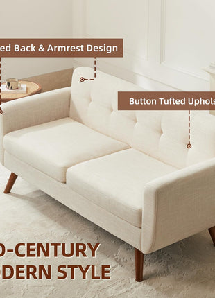 65-Inch Mid-Century Modern Loveseat Sofa, Upholstered Button-Tufted Couch for Living Room and Bedroom, Beige Linen Fabric with Solid Wood Legs and Pocket Spring Support, Easy Assembly