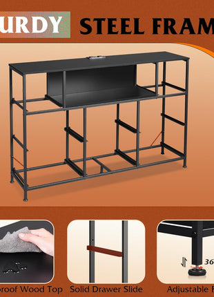 Elegant Black TV Stand Dresser for 45-55 Inch TVs, Entertainment Center with LED Lighting and Charging Station, Featuring 8 Fabric Drawers and Open Shelves for Living Room and Hallway, Wood Top Design