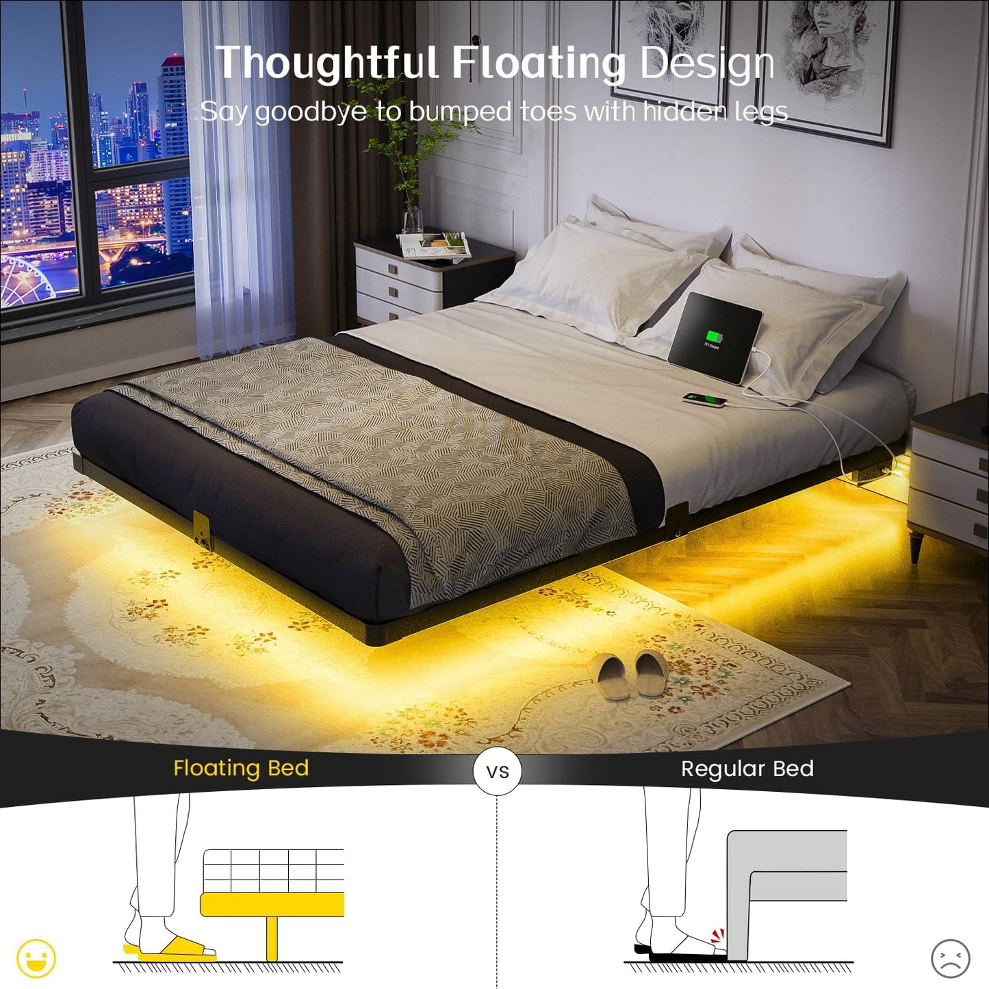 Floating Bed Frame Full Size with Smart LED Lights and Charging Station - Modern Metal Platform Bed, Easy Assembly No Box Spring Needed