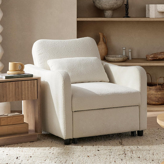 Sophie 4-In-1 Convertible Sleeper Chair Bed, Accent Chair, Chaise Lounge, Comfy Reading Armchair, Pull Out Sofa Bed with Adjustable Backrest for Living Room, Bedroom (Pearl White Boucle)