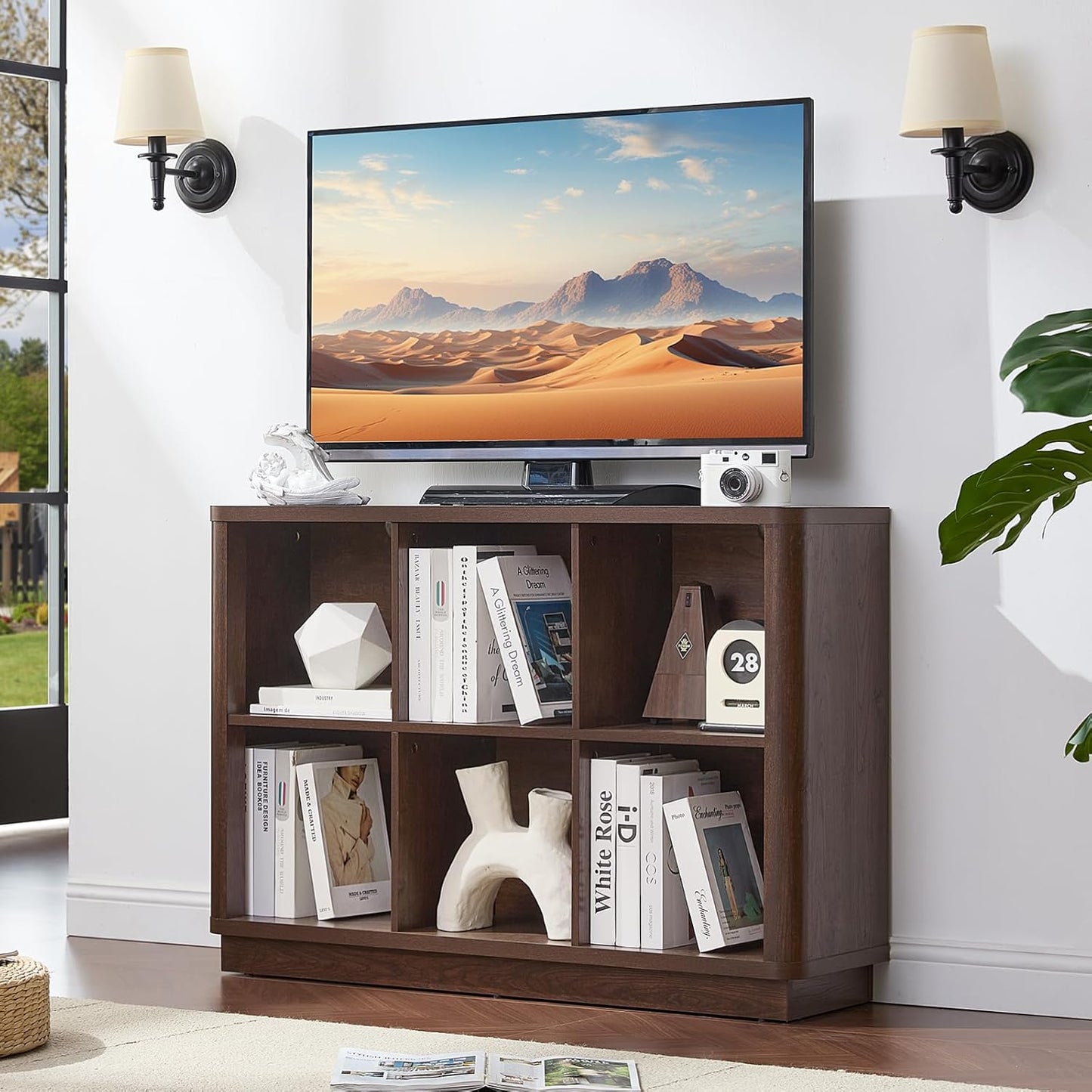 6 Cube Storage Bookcase, 40" Wide Low Horizontal Book Shelf with Curved Edge, Wood Floor Standing 2-Tier Bookshelf with Base, Farmhouse Short Book Case for Bedroom, Living Room, Office, Walnut