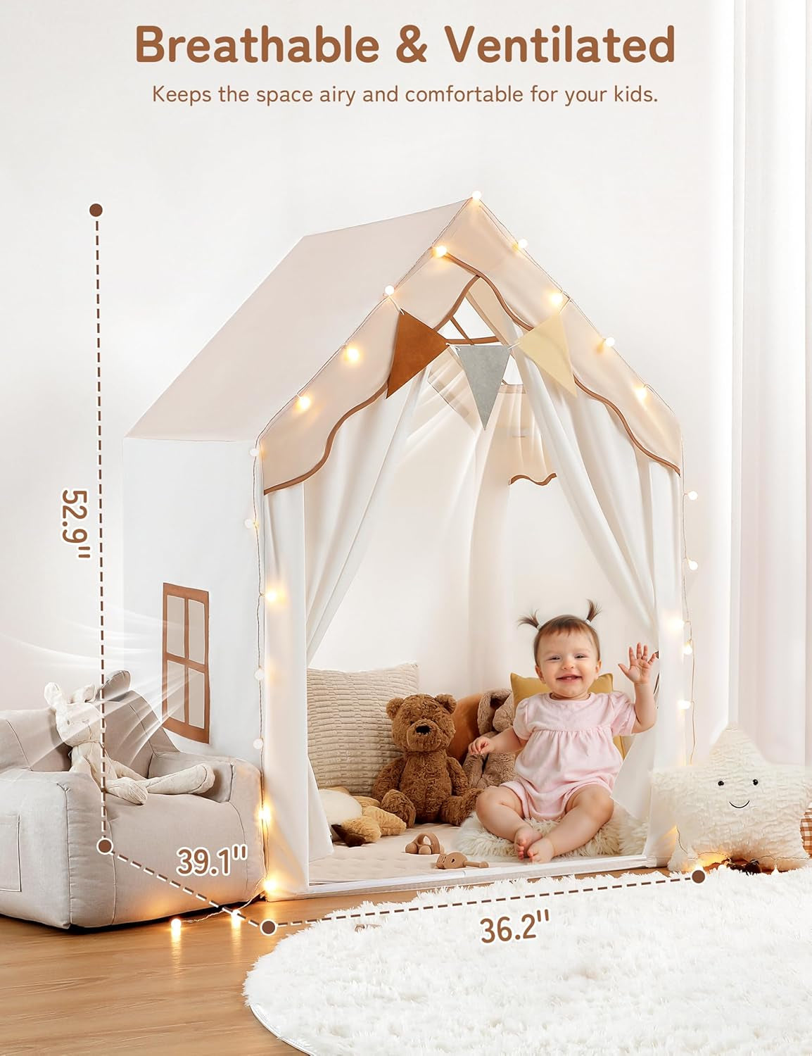 Kids Play Tent with Enclosure, Toddler Tent 2 in 1 with Padded Mat and Lights, Large Playhouse for Kids, Indoor & Outdoor, Christmas Toddler Playhouse, 69" X39" X 53"