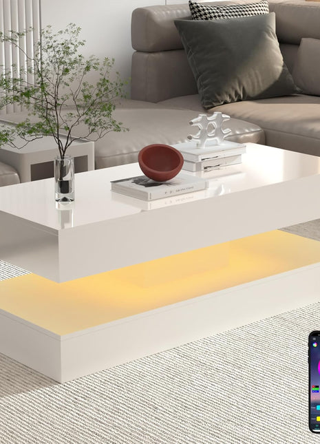 47.3-Inch High Gloss LED Coffee Table with Dual Storage Drawers, Modern Black and White Design for Living Room, App-Controlled LED Lighting