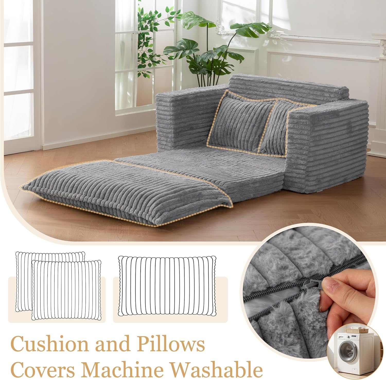 Loveseat Sleeper Sofa, Convertible Sofa Bed Couch Futon Couches for Living Room, 3-In-1 Pull Out Floor Couch with Washable Cushion and Pillows, Dark Grey