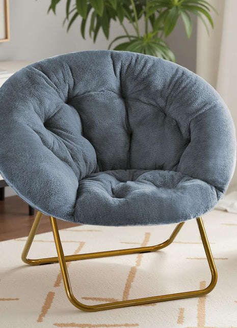 X-Large Faux Fur Saucer Chair - Contemporary Folding Lounge Chair with Plush Padded Seat and Sturdy Metal Frame for Living Room, Bedroom, and Dormitory in Classic Gray