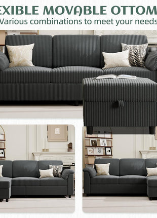 Convertible L-Shaped Sectional Sofa with Removable Cushions in Soft Corduroy Fabric - Ideal for Living Rooms, Apartments, and Offices (Gray)