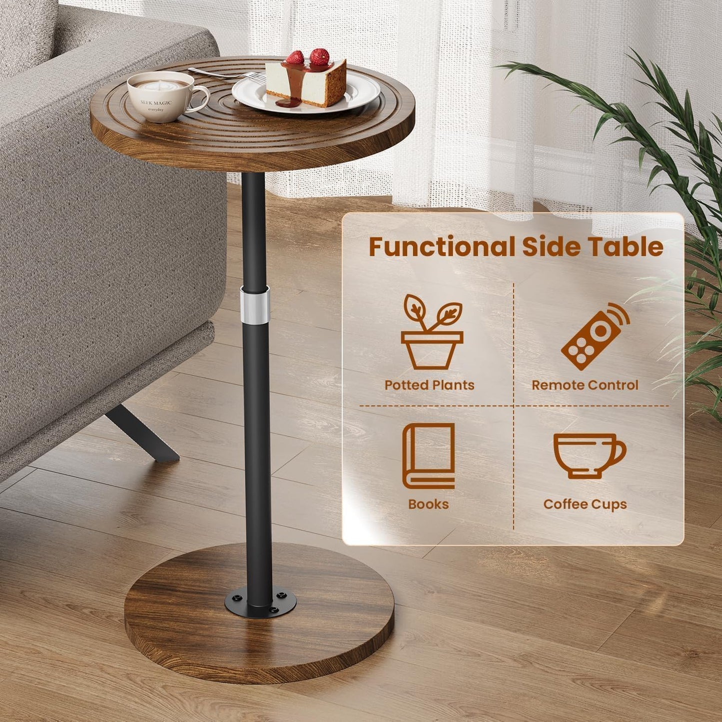 Round Side Table, Adjustable-Height Small Drink Table, Pedestal Martini Stand, Weighted Base Cocktail Table Accent Nightstand for Living Room, Bedroom, Bathroom, Office, Walnut