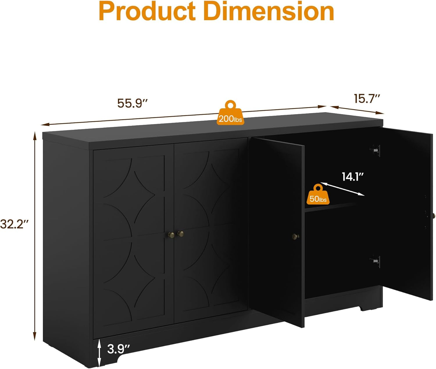 Sideboard Buffet Cabinet, 56" Modern Credenza with 4 Doors and Adjustable Shelves, Wood Accent Cabinet Console Media for Entryway, Living Room, Kitchen, Satin Black