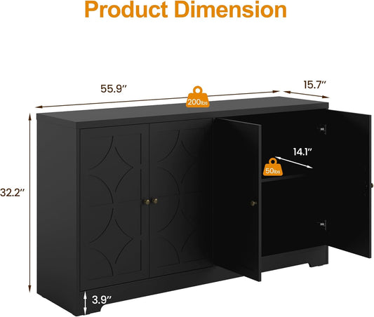 Sideboard Buffet Cabinet, 56" Modern Credenza with 4 Doors and Adjustable Shelves, Wood Accent Cabinet Console Media for Entryway, Living Room, Kitchen, Satin Black