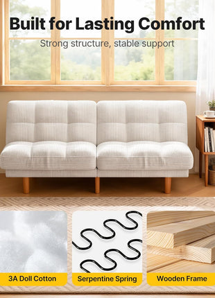 65-Inch Convertible Futon Sofa Bed with Adjustable Backrest, Ergonomic Recliner Sleeper Couch in Corduroy Fabric for Living Room, Office, or Guest Room (White)