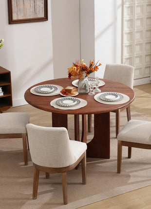 Set of 6 Modern Dining Chairs, Upholstered Linen Fabric with Back Support, Wooden Legs, Beige Finish for Dining Room and Living Room