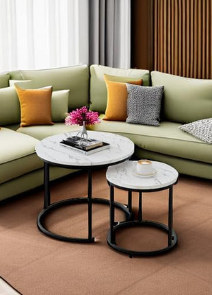 Set of 2 Round Nesting Coffee Tables Featuring White Faux Marble Tops and Black Steel Frames for Living Room, Bedroom, and Balcony Use