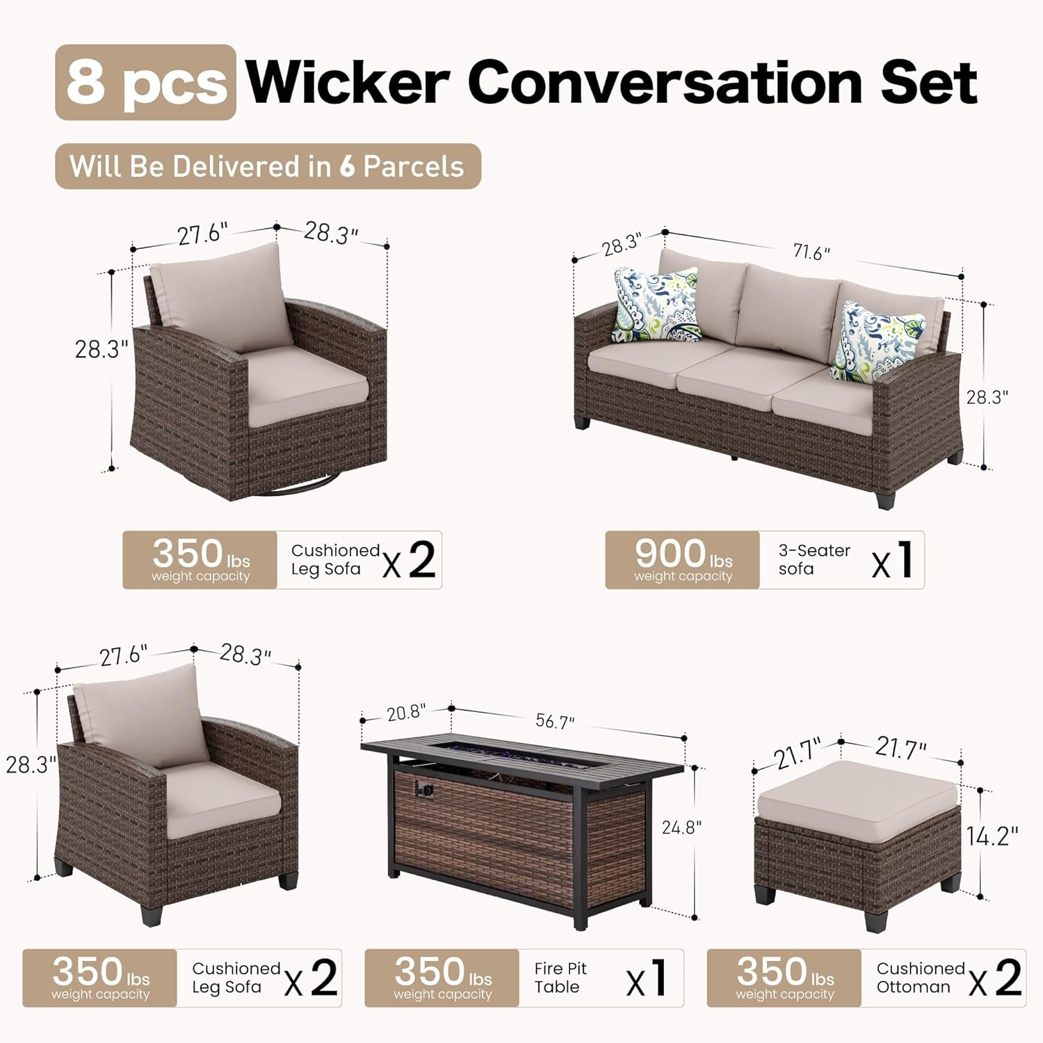 Swivel Glider Patio Furniture Set Outdoor Furniture Brown Wicker Rattan Patio Conversation Sets with Cushion outside Sofa Set,7 Pieces with Rectangular Firepit Table,9 Seats,Beige