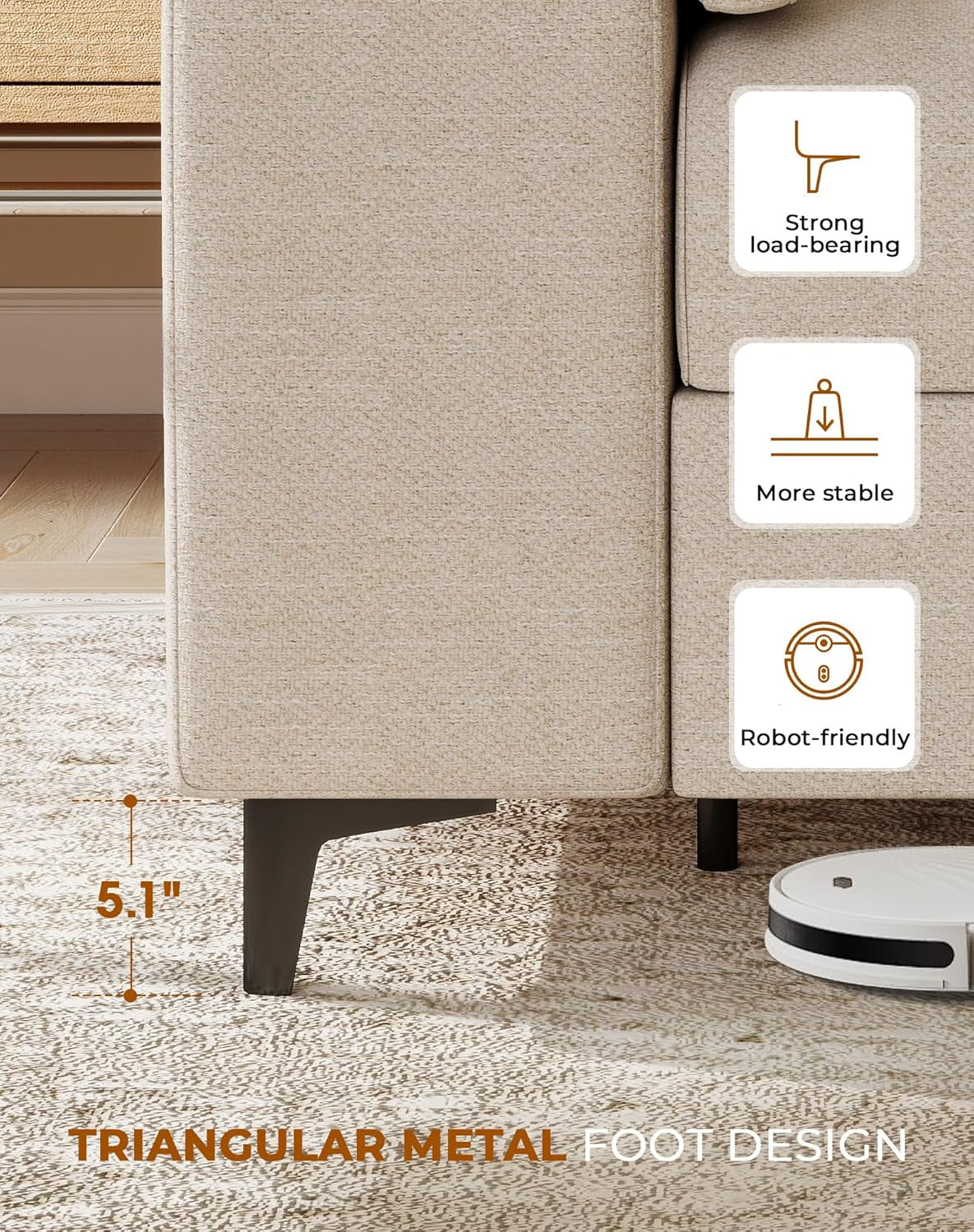 88.97" Modern Couches for Living Room, Deep Seat Sofa with 8”Cushion, Comfy 2-Seater Chenille Loveseat Sofa with Convertible Armrest, Removable Sofa Cover, High Leg (Beige)