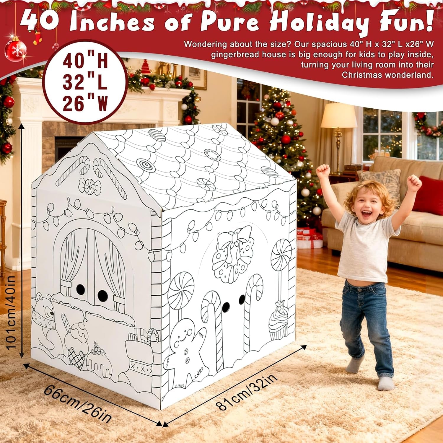Gingerbread Cardboard House to Color for Kids Toddlers, Large Gingerbread Cardboard Coloring House Playhouse Christmas Arts & Crafts Activity Indoor Fun, 40" X 32" X 26"