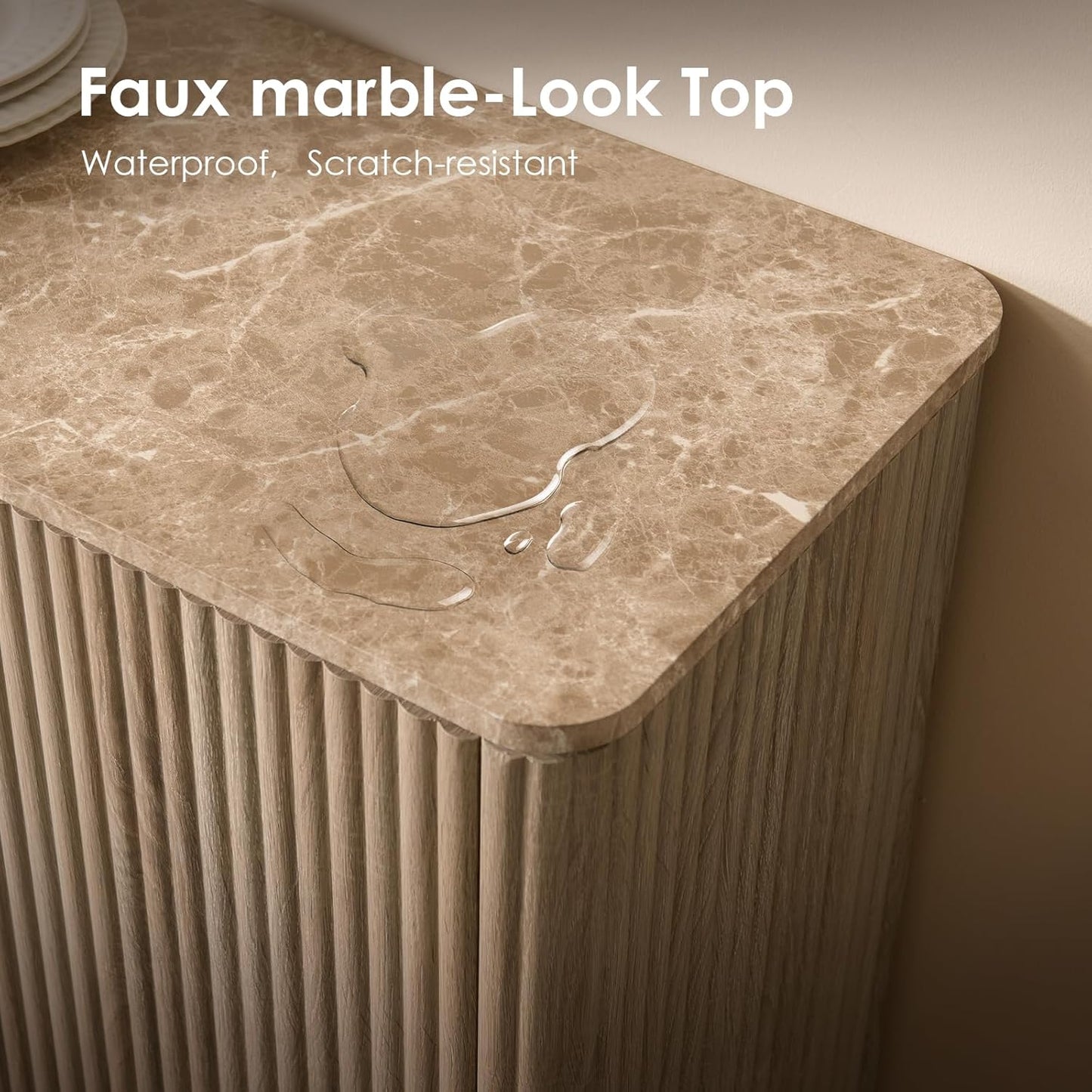 Fluted 2 Doors Sideboard Buffet Cabinet with Storage-Wooden Credenza W/Shelves, Faux Marble-Top Coffee Bar Console Table, Modern Buffet Cabinet for Dining,Kitchen,Living Room,Entryway,Natural Oak,1Pcs