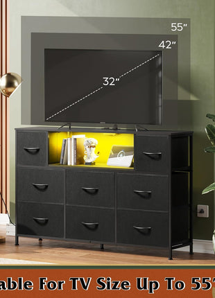 Elegant Black TV Stand Dresser for 45-55 Inch TVs, Entertainment Center with LED Lighting and Charging Station, Featuring 8 Fabric Drawers and Open Shelves for Living Room and Hallway, Wood Top Design