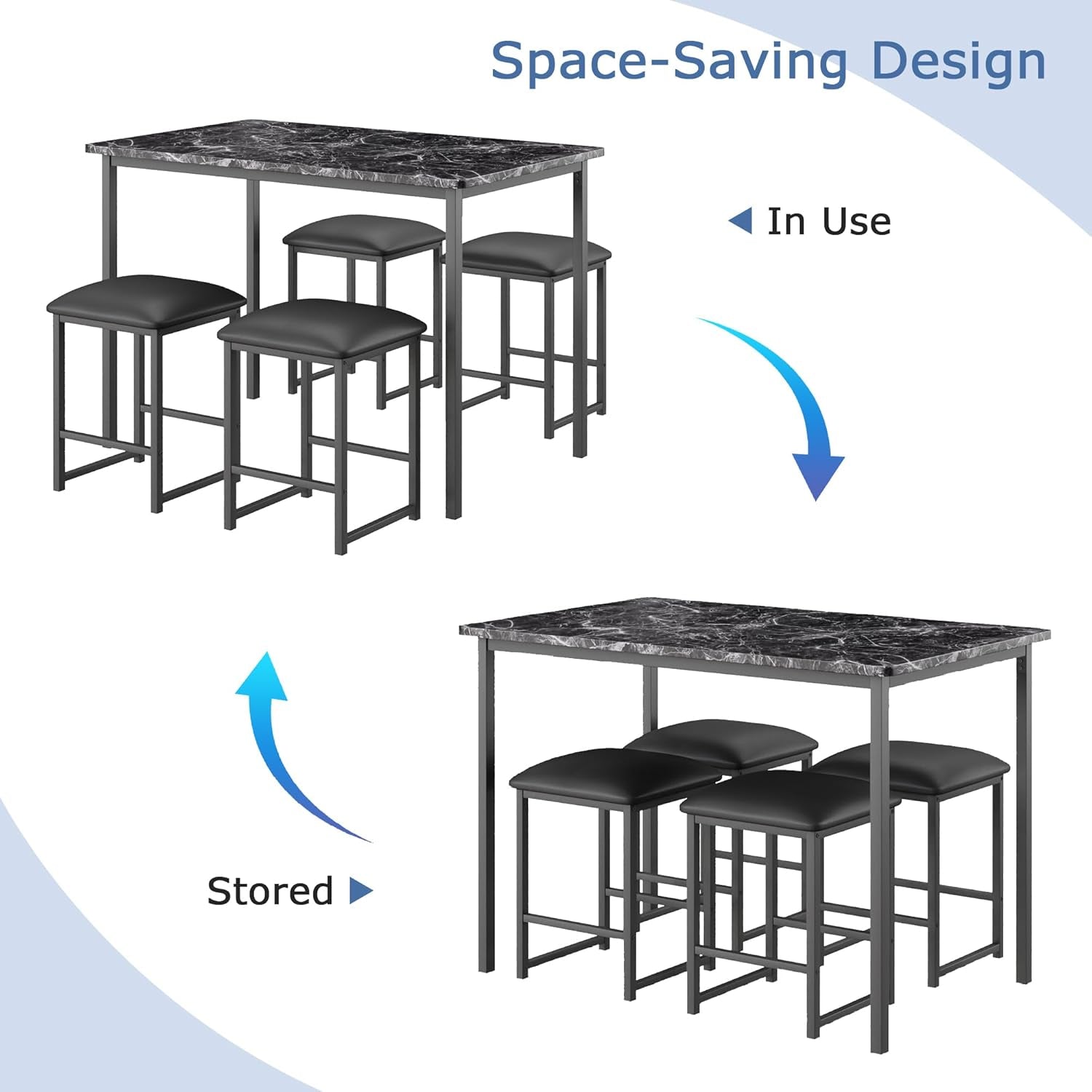Kitchen Table and Chairs for 4, Dining Room Set with PU Chairs/Stools, Heavy-Duty Metal Frame, Faux Marble Tabletop, Space-Saving Design for Small Spaces, Easy Assembly, Veined Black