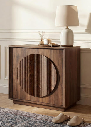 Contemporary Walnut Buffet Cabinet with Storage, Round Fluted Door Sideboard with Shelves, Modular Coffee Bar, Deep Beveled Design for Dining Room, Kitchen, Living Room, and Entryway, 32